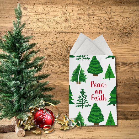 Custom Peace On Earth | Christmas Tree Pattern ミディアムペーパーバッグ