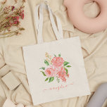 Custom Peach Pink Rose Floral Watercolor Pretty トートバッグ<br><div class="desc">Beautiful personalized handmade watercolor pink and peach rose flower arrangement tote bag with your custom handwritten calligraphy name.</div>