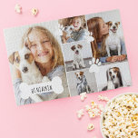 Custom Pet Dog Bone & Paw Print Photo Collage ジグソーパズル<br><div class="desc">A memorable and personalized pet photo collage jigsaw puzzle to display and cherish your special pet memories. Our design features a simple multiple photo collage design with a 6 photo design layout. Personalize with your pets's name inside the white dog bone. Cute white pet paw prints are scattered around the...</div>