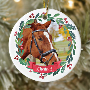 Custom Pet Horse Photo Watercolor Wreath Christmas セラミックオーナメント