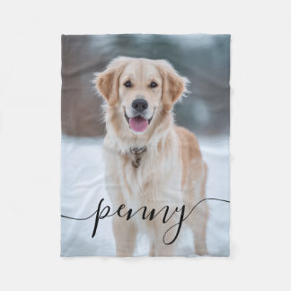 Custom Pet Name Photo Blanket | Elegant Script Dog フリースブランケット
