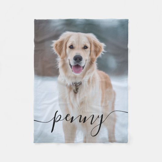 Custom Pet Name Photo Blanket | Elegant Script Dog フリースブランケット (正面)