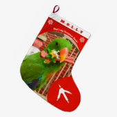 Custom Pet Parrot Photo Holiday Red Personalized  ラージクリスマスストッキング (正面 (吊り時))