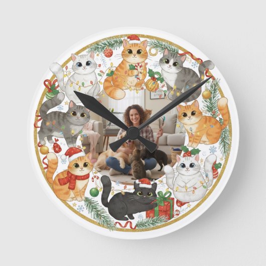 Custom Pet Photo Christmas Cat Wall Clock ラウンド壁時計 (正面)