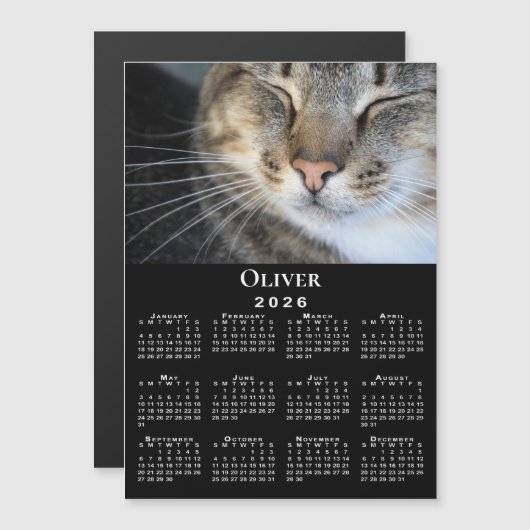 Custom Pet Photo Name 2026 Calendar Black Magnet (正面/裏面)