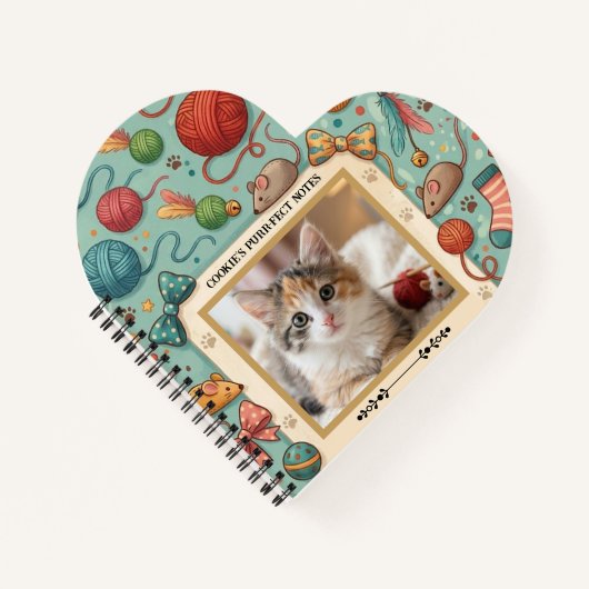 Custom Pet Photo & Name Cute Cat Toy Pattern Noteb ノートブック (正面)