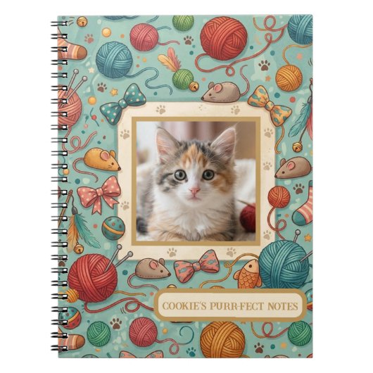 Custom Pet Photo & Name Cute Cat Toy Pattern Noteb ノートブック (正面)