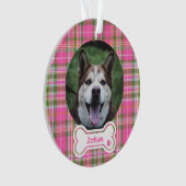Custom Pet Photo Ornament Pink & Green Plaid Bone  オーナメント (正面)