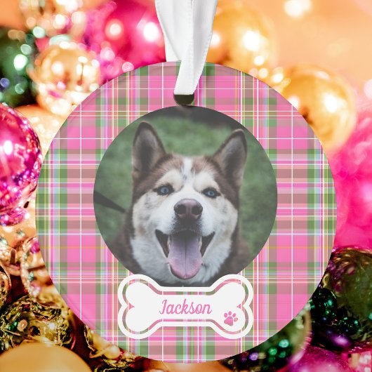 Custom Pet Photo Ornament Pink & Green Plaid Bone  オーナメント