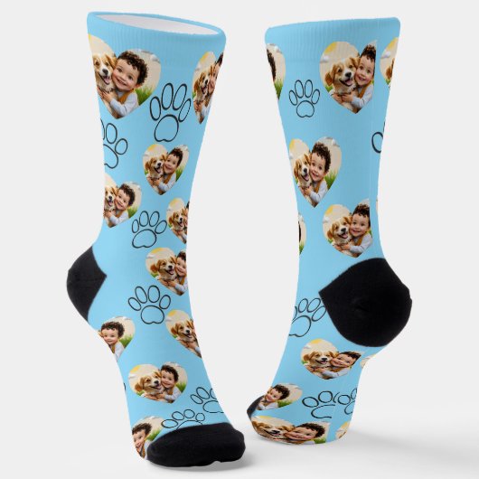 Custom Pet Photo & Paw Prints Black Socks ソックス (傾斜あり)