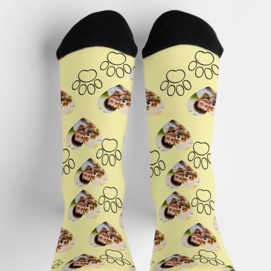 Custom Pet Photo & Paw Prints Black Socks ソックス (上部)