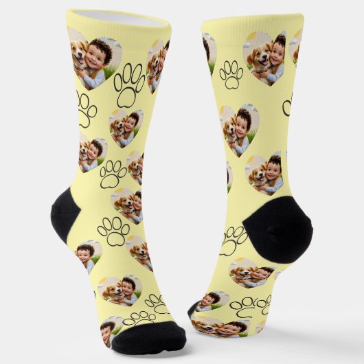 Custom Pet Photo & Paw Prints Black Socks ソックス (傾斜あり)