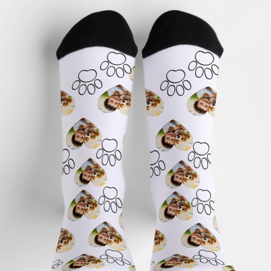 Custom Pet Photo & Paw Prints Black Socks ソックス (上部)