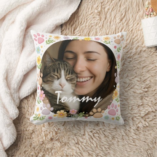 Custom Pet Photo with Name | Paw Prints & Floral クッション (ブランケット)
