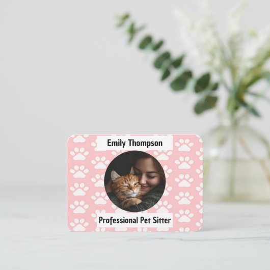 Custom Pet Sitter Business Card – Pink Paw Print  名刺 (スタンド正面)
