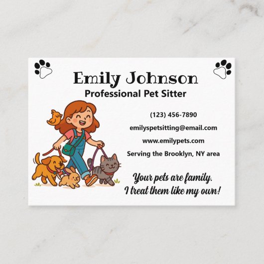 Custom Pet Sitter Business Card with Cute Cartoon  名刺 (正面)