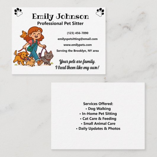 Custom Pet Sitter Business Card with Cute Cartoon  名刺 (正面/裏面)