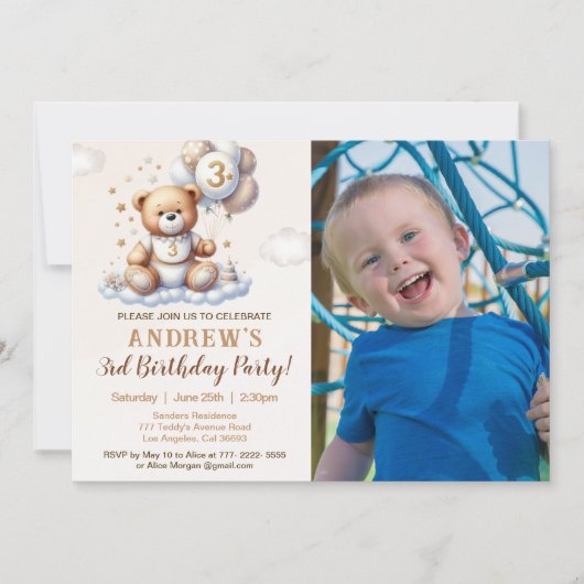 Custom Photo 3rd Birthday Invite – Bear on a Cloud 招待状 (正面)