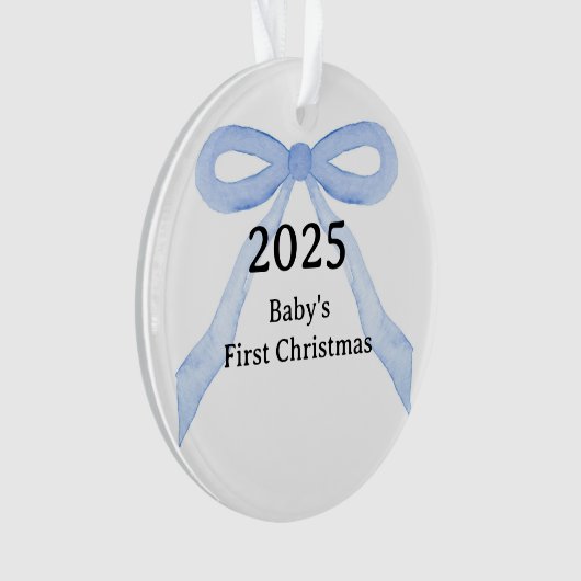 Custom Photo Baby's First Christmas YEAR Blue Bow  オーナメント (正面)