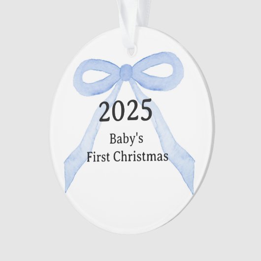 Custom Photo Baby's First Christmas YEAR Blue Bow  オーナメント (正面)