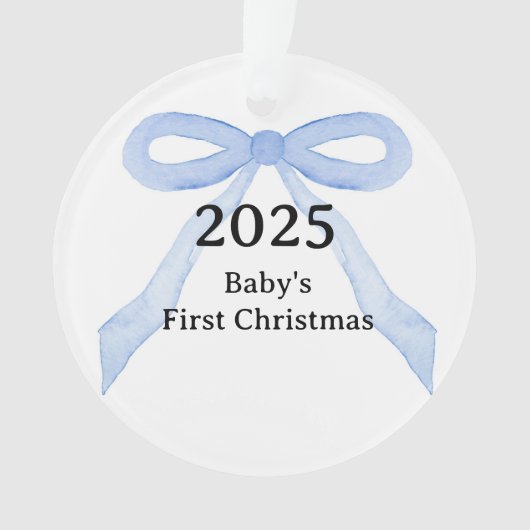 Custom Photo Baby's First Christmas YEAR Blue Bow  オーナメント (正面)