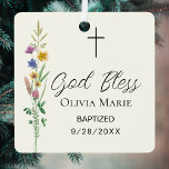 Custom Photo Baptism Wildflower Ceramic メタルオーナメント<br><div class="desc">This floral Baptism photo keepsake ornament features wildflowers and a cross with stylish script typography on a soft cream background.
Easily customizable with your details and photo.
Original Watercolor © Michele Davies.</div>