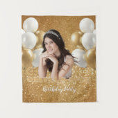 Custom Photo Birthday Backdrop,  gold & white タペストリー (正面)