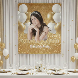 Custom Photo Birthday Backdrop,  gold & white タペストリー
