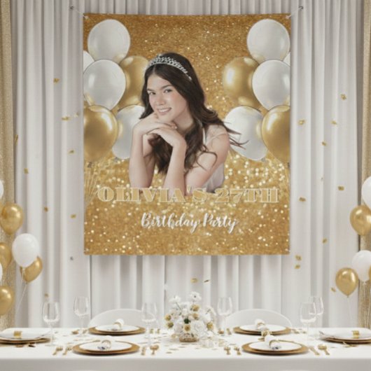 Custom Photo Birthday Backdrop,  gold & white タペストリー