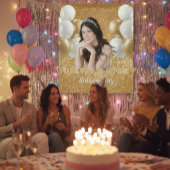 Custom Photo Birthday Backdrop,  gold & white タペストリー