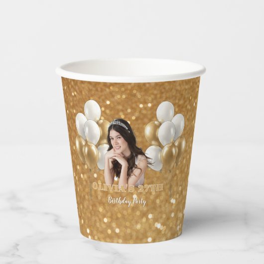 Custom Photo Birthday Set of 8 Paper Cups Gold 紙コップ (正面)
