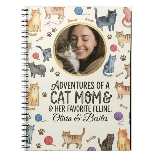 Custom Photo Cat Mom Watercolor Pattern ノートブック (正面)