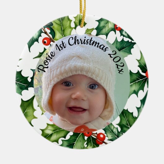 custom photo Christmas holly  ceramic ornament セラミックオーナメント (正面)