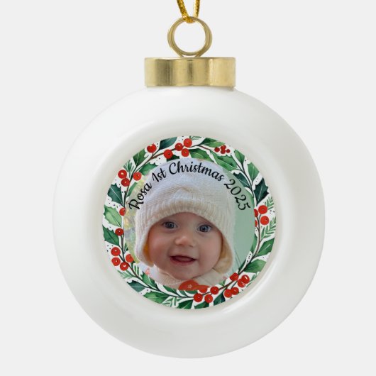 custom photo Christmas holly  ceramic ornament セラミックボールオーナメント (正面)