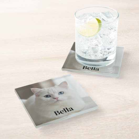 Custom photo coaster with snow white cat ガラスコースター (アングル)