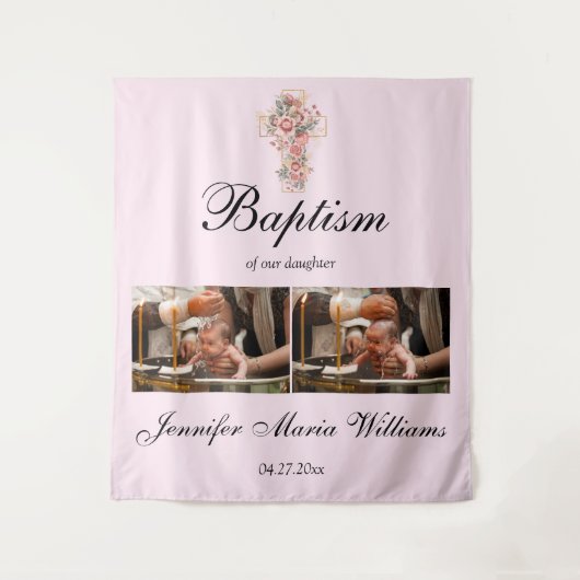 Custom Photo Collage Christening Baptism Backdrop タペストリー (正面)