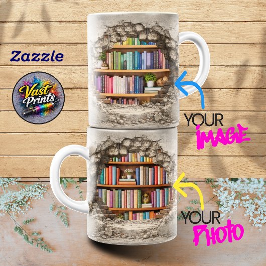 Custom Photo Collage Cracked Wall Bookshelf ツートーンマグカップ