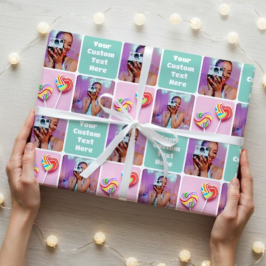 Custom Photo Collage Modern Retro Green Pattern ラッピングペーパー