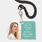 Custom Photo Company Logo Name Employee Green ID バッジ (正面（ネックストラップ付）)
