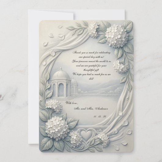 Custom Photo Cream Hydrangea Neoclassical Wedding サンキューカード (正面)