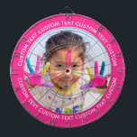 Custom Photo Dartboard & Text - PINK Surround ダーツボード<br><div class="desc">Custom Photo Dartboard template with personalized text and STRAWBERRY PINK FF2F92 round photo framing surround (other color surrounds available in store). Your face on a dartboard. One click personalize upper and lower text plus replace image, or full customization via Edit Screen. Regulation size with metal frame and 6 brass darts...</div>