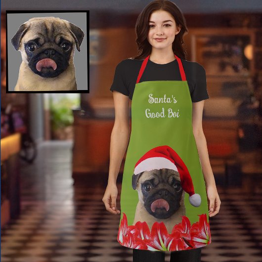 Custom Photo Dog Red Santa Hat & Orchids Mom Gift エプロン