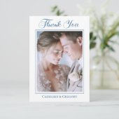Custom Photo Dusty Blue Floral Wedding Calligraphy サンキューカード (スタンド正面)