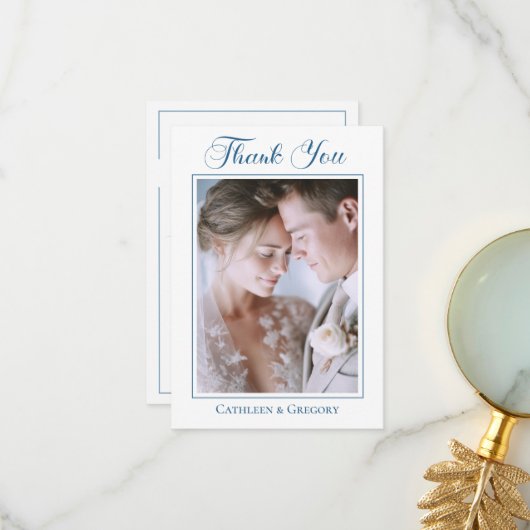 Custom Photo Dusty Blue Floral Wedding Calligraphy サンキューカード (正面/裏面インサイチュ)