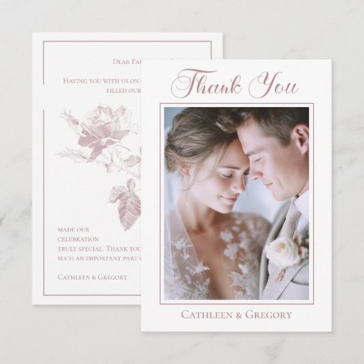 Custom Photo Dusty Pink Floral Wedding Calligraphy サンキューカード (正面/裏面)