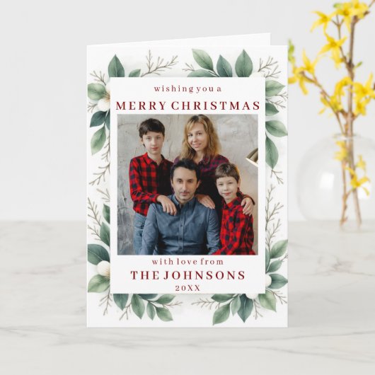 Custom Photo Elegant Winter Greenery Frame カード (黄色い花)