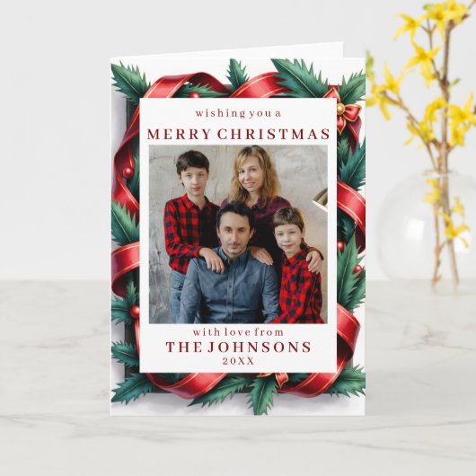 Custom Photo Festive Ribbon Bow Frame Greeting カード (黄色い花)