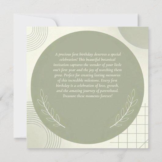 Custom Photo First Birthday - Personalized Sage  招待状 (裏面)