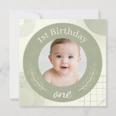 Custom Photo First Birthday - Personalized Sage  招待状 (正面)