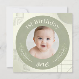 Custom Photo First Birthday - Personalized Sage  招待状